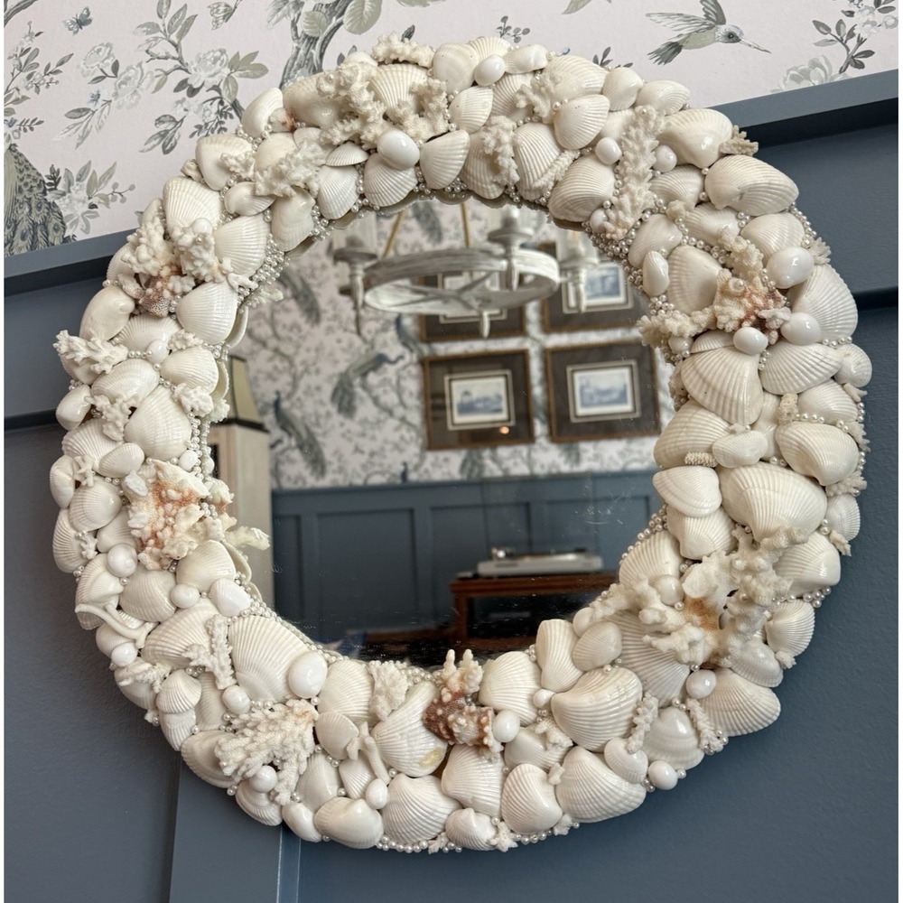 Vintage Handmade Seashell Mirror 16" Round Ivory Coastal Nautical Pearl Coral